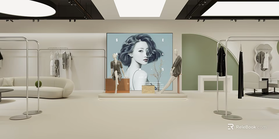 Modern Clothing Store Interior With Mannequins Clothing Racks Sofa And Large Poster 3d model 