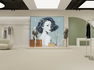 Modern Clothing Store Interior With Mannequins Clothing Racks Sofa And Large Poster 3d model