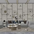 Modern Sofa And Coffee Table Set With Decorative Wall Art Throw Pillows And Rug