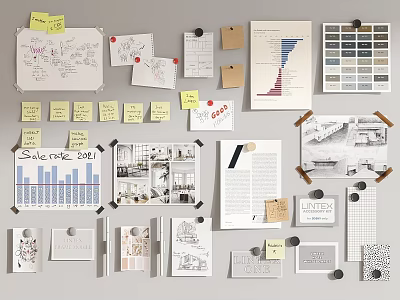 Creative Design Wall With Sticky Notes Hand Drawn Sketches Data Charts Color Swatches And Samples 3d model