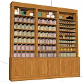 Wooden Display Shelf with Multi Tiered Storage for Jars and Bottles in Interior Setting