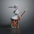 Anime Character With Silver Gray Long Hair White And Yellow Outfit Holding Red Staff Standing