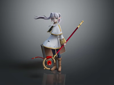 Anime Character With Silver Gray Long Hair White And Yellow Outfit Holding Red Staff Standing 3d model