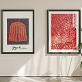 Framed Abstract Paintings With Red Circular Patterns And Black Background Design Hanging On Wall Interior 3d model