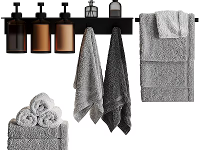 Elegant Soft Gray Bath Towels With Hanging And Folded Styles On Rack 3d model