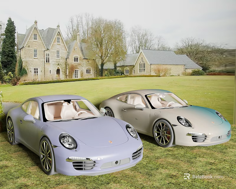 Luxury Porsche Sports Cars Parked On Lawn Near Estate 3d model 