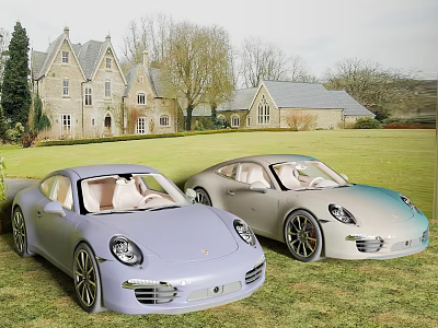Luxury Porsche Sports Cars Parked On Lawn Near Estate 3d model