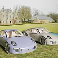 Luxury Porsche Sports Cars Parked On Lawn Near Estate