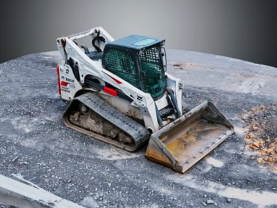 White Tracked Skid Steer Loader Parked On Gravel Construction Site With Front Metal Bucket 3d model