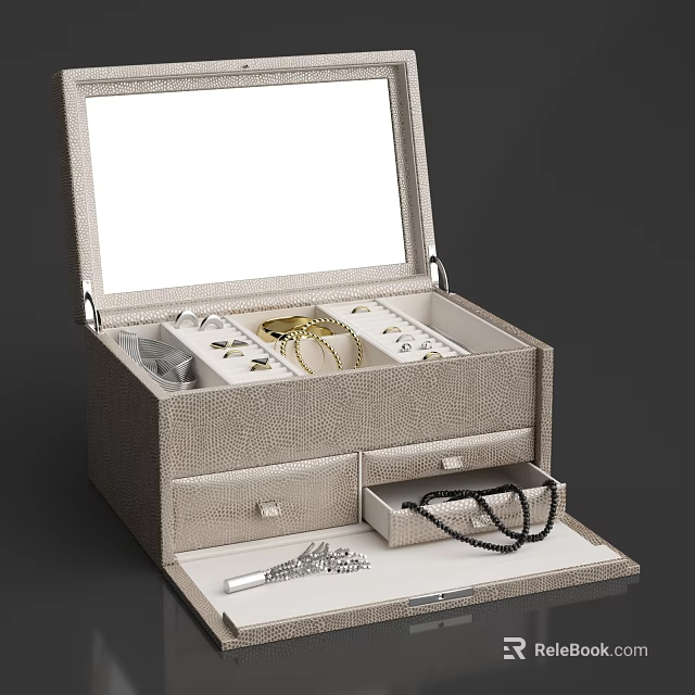 Open Jewelry Box With Mirror Displaying Ornament Accessory Set And Multi Compartments Drawers 3d model 