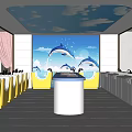 Swimming Pool With Colorful Bathtubs Blue Sky Ceiling Dolphin Wall Paintings And White Circular Counter