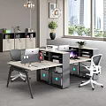 Modern Office Desk Setup With Dual Monitors Ergonomic Chairs Plants And Background Bookshelf