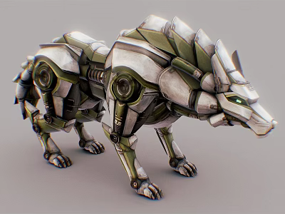 Mechanical Wolf Game Movie Character With Silver Green Armor And Glowing Eyes 3d model
