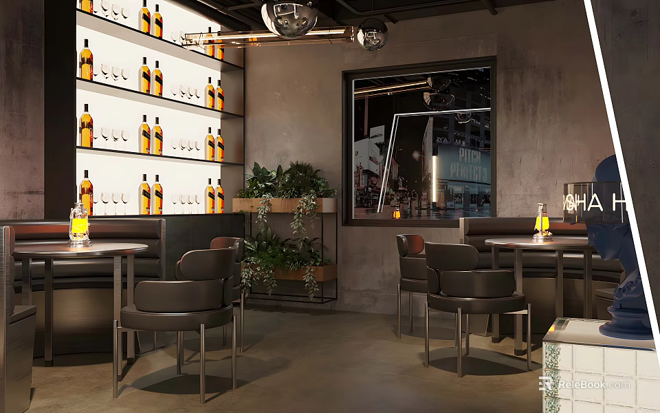 Modern Bar Interior With Shelves Of Bottles Green Plants Tables Chairs And City View 3d model 