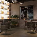 Modern Bar Interior With Shelves Of Bottles Green Plants Tables Chairs And City View