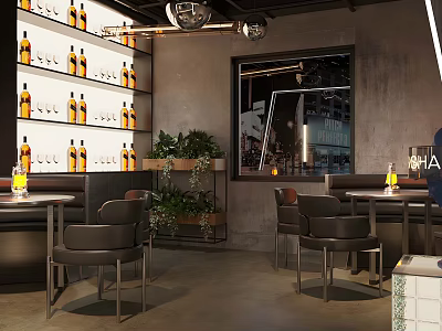 Modern Bar Interior With Shelves Of Bottles Green Plants Tables Chairs And City View 3d model