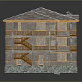 Rustic Multi Story Building With Wooden Balconies Stone Base And Sloped Roof