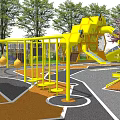 Playground Equipment With Yellow Climbing Structure Running Track Colorful Ground Green Lawn And Trees