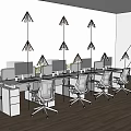 White Office Desk with Multiple Monitors Green Plants and Silver Chairs on Wooden Floor