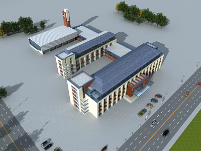 Modern Multi Story School Building with Bell Tower Blue Roof Trees Road and Parking Lot 3d model