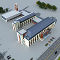 Modern Multi Story School Building with Bell Tower Blue Roof Trees Road and Parking Lot