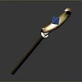 Golden Magic Staff Weapon With Crescent Shaped Top And Blue Gemstone