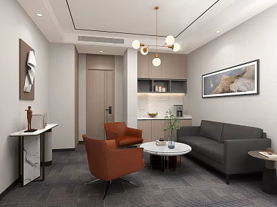 Modern Lounge Area With Gray Sofa Orange Armchairs Round Coffee Table Decorative Painting And Chandelier 3d model