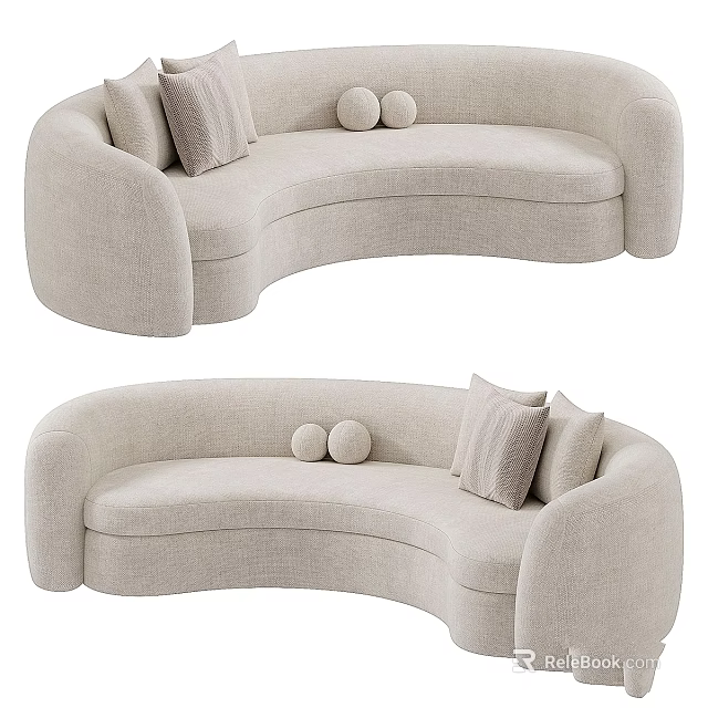Beige Curved Sofa Interior Design With Decorative Pillows And Round Accent Cushions 3d model 