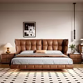 Brown Leather Tufted Double Bed In Modern Interior With Nightstand And Decorative Paintings