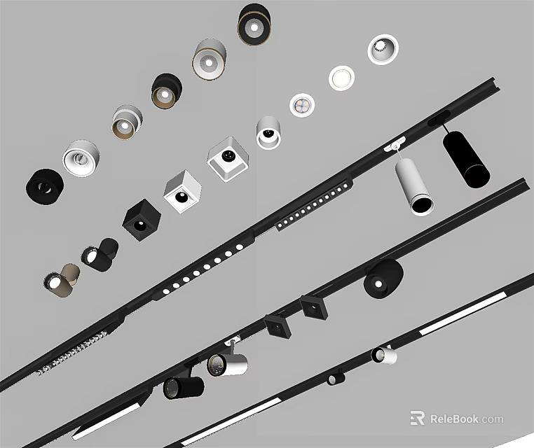 Modern Downlights And Spotlights With Various Styles Black Silver Track Mounting Systems 3d model