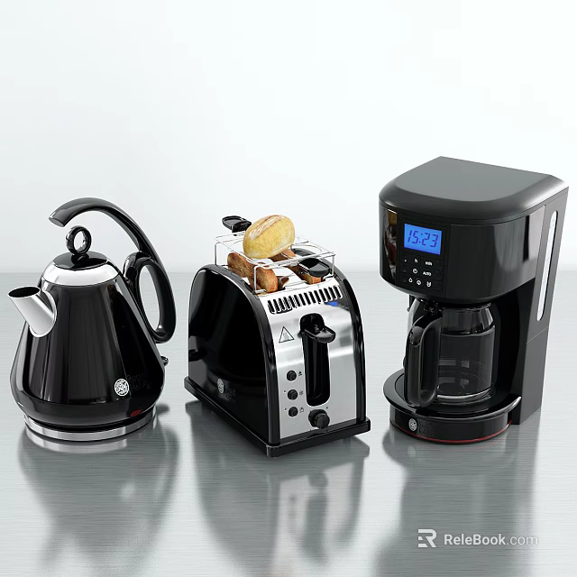 Modern Black Kitchen Appliances Kettle Toaster And Coffee Maker Set 3d model 