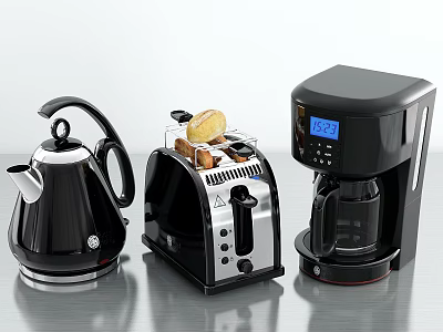 Modern Black Kitchen Appliances Kettle Toaster And Coffee Maker Set 3d model