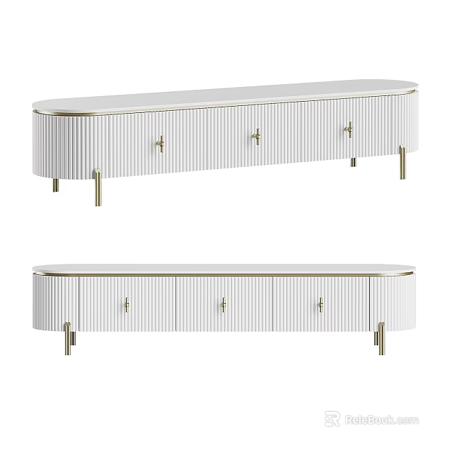 Sleek White TV Stand With Gold Handles Drawers And Modern Metal Legs 3d model 