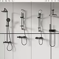 Modern Black Shower Systems With Rainfall Showerhead Handheld And Control Valves On White Wall