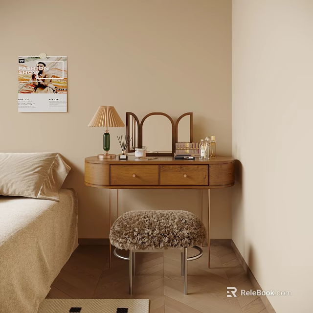 Cozy Bedroom Wooden Dressing Table With Mirror Table Lamp And Fuzzy Stool 3d model 