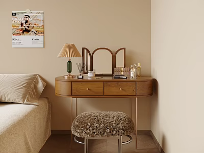 Cozy Bedroom Wooden Dressing Table With Mirror Table Lamp And Fuzzy Stool 3d model