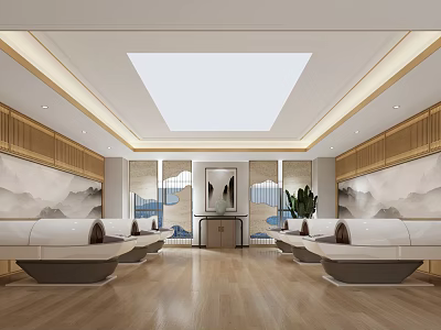 Elegant Chinese Lounge Interior With Wooden Walls Landscape Paintings White Sofas Green Plants And Skylight 3d model
