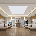 Elegant Chinese Lounge Interior With Wooden Walls Landscape Paintings White Sofas Green Plants And Skylight
