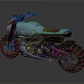 Teal Modern Motorcycle With Large Tires Black Seat And Futuristic Body Details