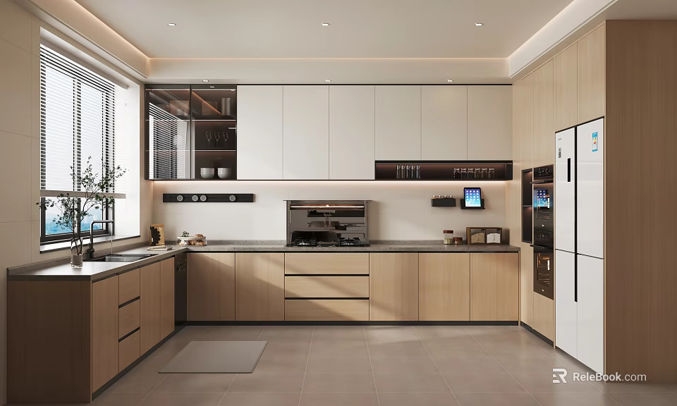 Modern Kitchen Interior Design With White Wooden Cabinets Built-in Appliances Oven Refrigerator And Dark Countertop 3d model 
