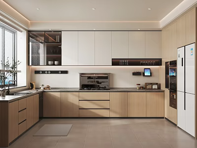 Modern Kitchen Interior Design With White Wooden Cabinets Built-in Appliances Oven Refrigerator And Dark Countertop 3d model