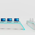 Modern Functional Desk With Multiple Computer Monitors Blue LED Strip Lights And White Structure