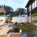 Modern Courtyard Garden Design With Pergola Stone Pathway Lush Greenery And Lantern Lights