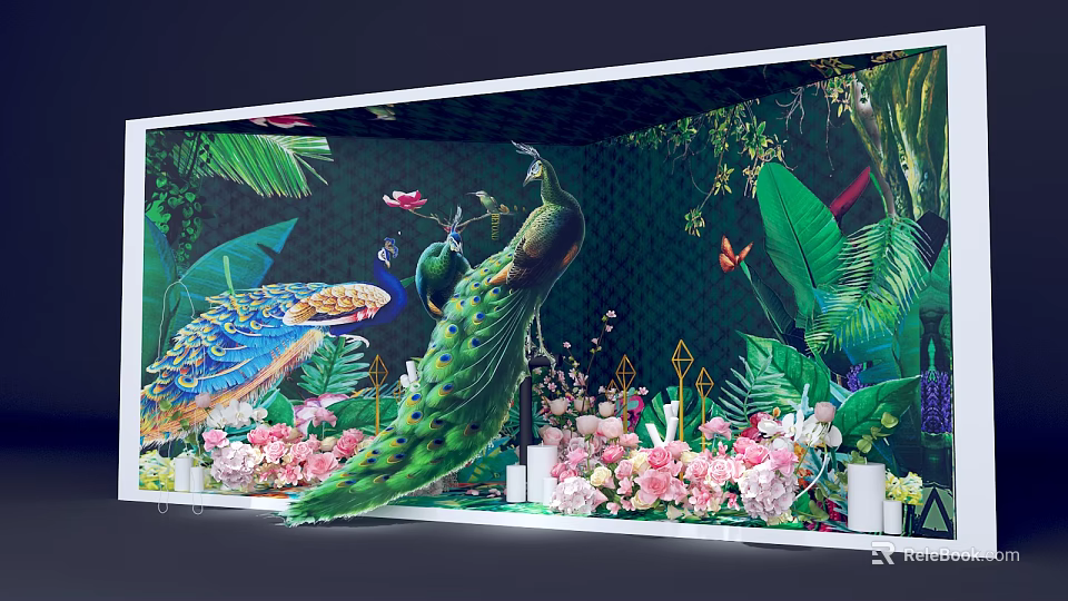 Tropical Themed Photo Spot With Colorful Peacocks Lush Greenery And Pink Blooms 3d model 
