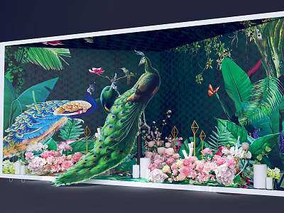 Tropical Themed Photo Spot With Colorful Peacocks Lush Greenery And Pink Blooms 3d model