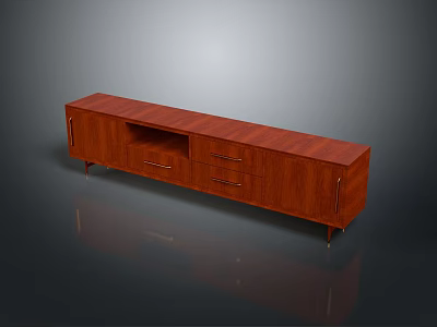 Modern Walnut Finish TV Cabinet With Drawers And Metal Legs For Electronics 3d model