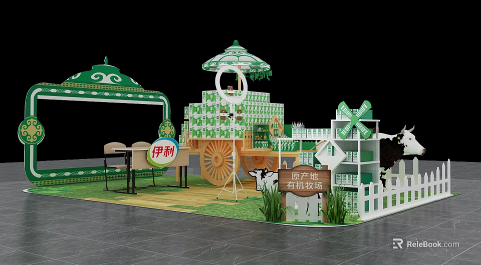 Yili Organic Ranch Themed Display Stand With Windmill Cow And Green Elements 3d model 