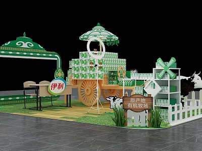 Yili Organic Ranch Themed Display Stand With Windmill Cow And Green Elements 3d model