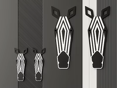Black And White Striped Horse Head Wall Decor In Various Sizes On Gray Striped Wall 3d model