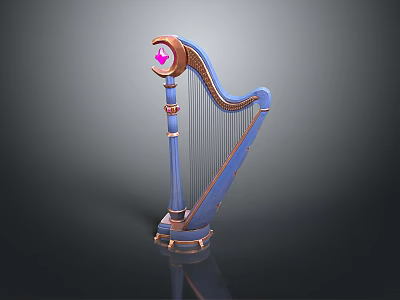 Elegant Blue Copper Harp With Pink Heart Decoration And String Details 3d model
